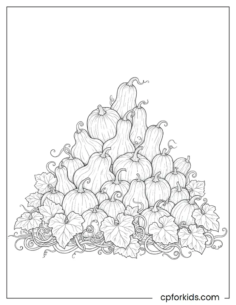 Coloring page showing a large pile of uncarved pumpkins in a Halloween patch.