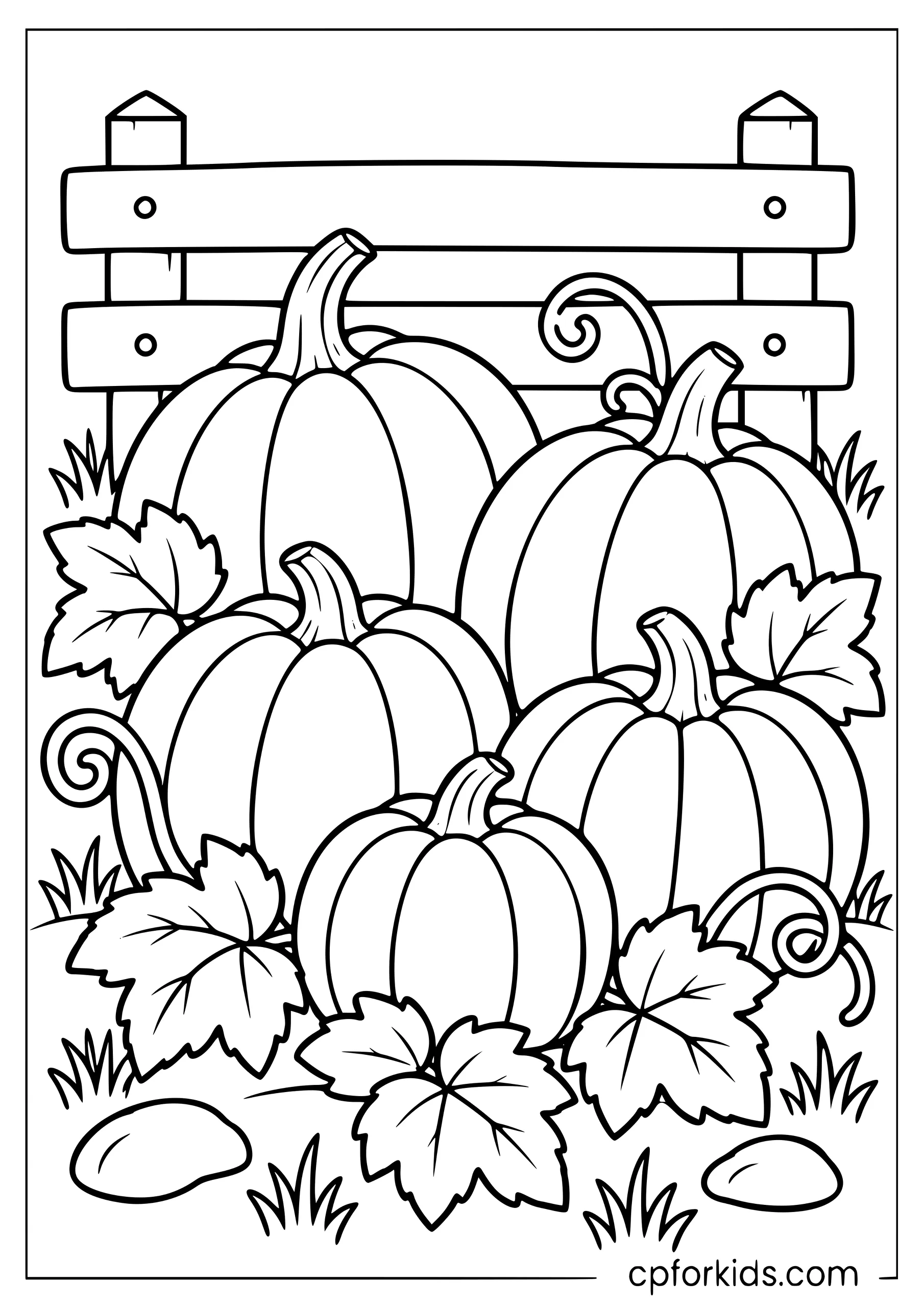 Five uncarved pumpkins resting in an autumn patch