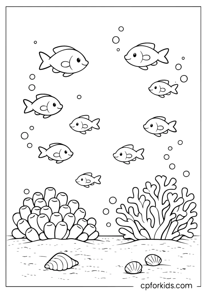 Underwater coral reef with fish coloring page