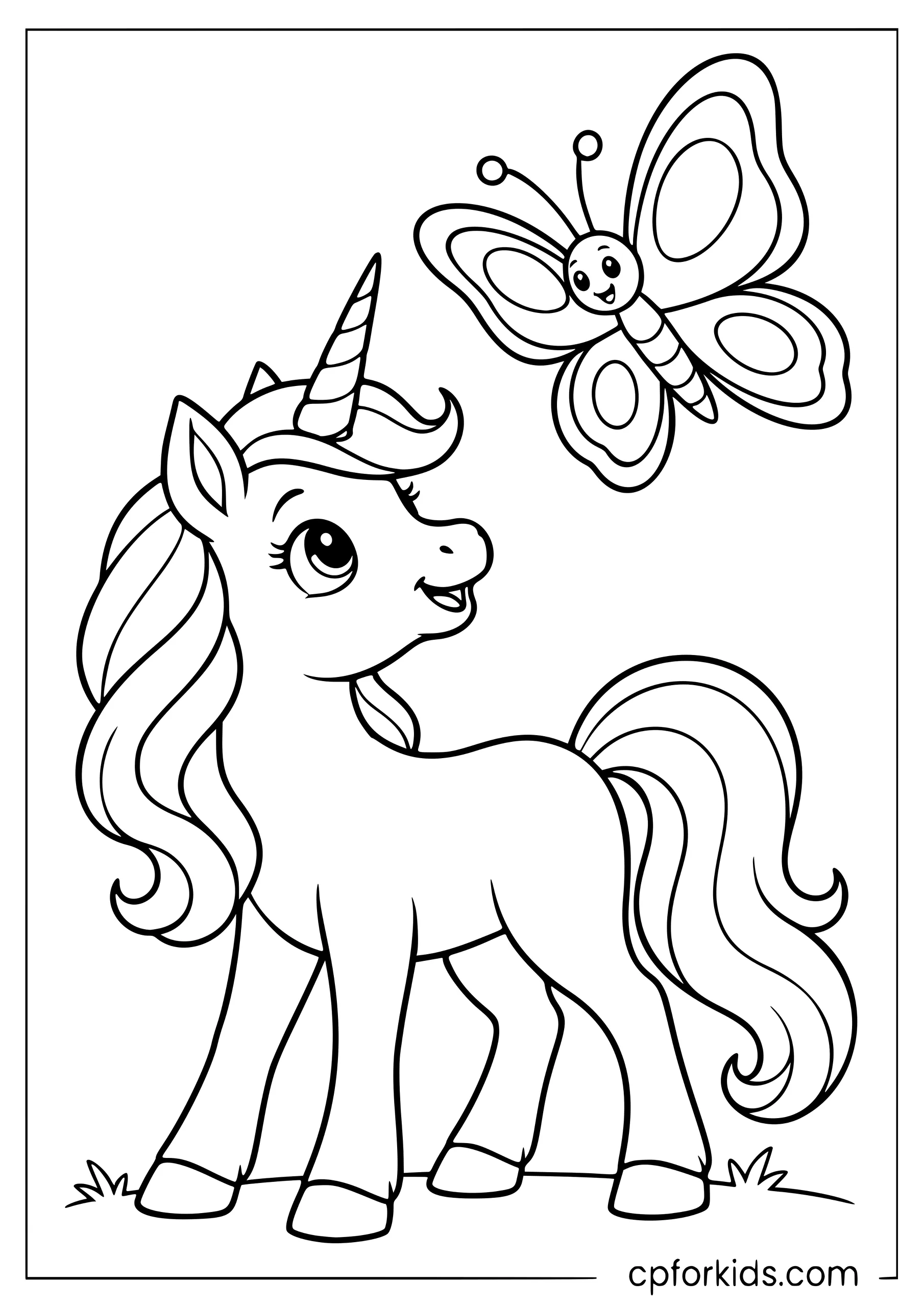 Unicorn looking up at a butterfly above its mane
