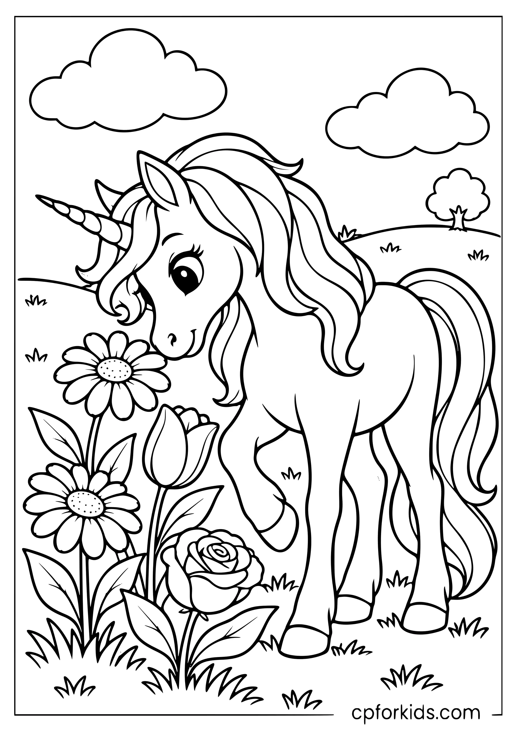Unicorn lowering its head toward flowers beside a hill