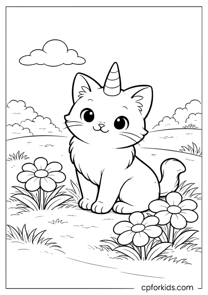 Unicorn cat sitting in a flower meadow coloring page