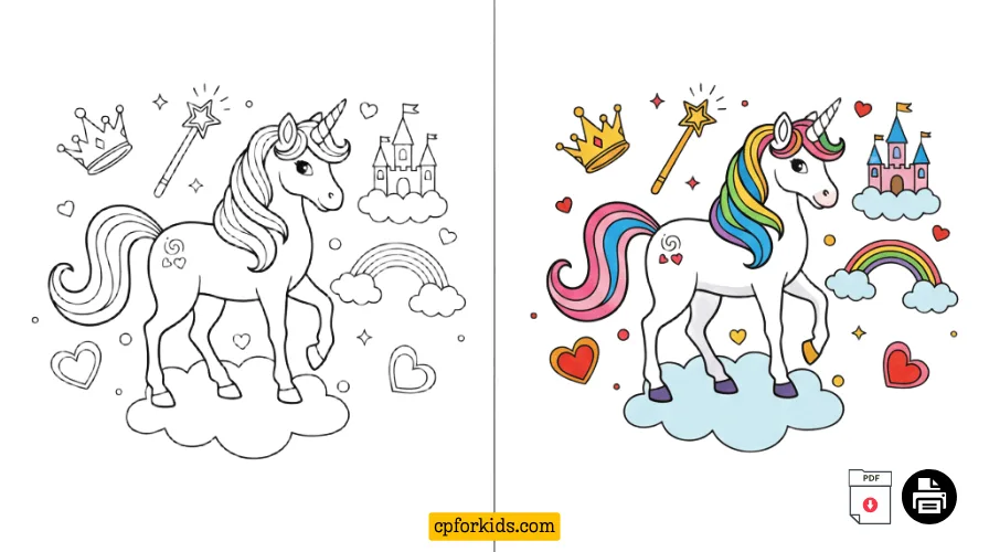 Free Printable Unicorn Coloring Sheets: Magical Designs for Kids Magical unicorn coloring pages for kids featuring a beautiful unicorn with a flowing mane and stars.