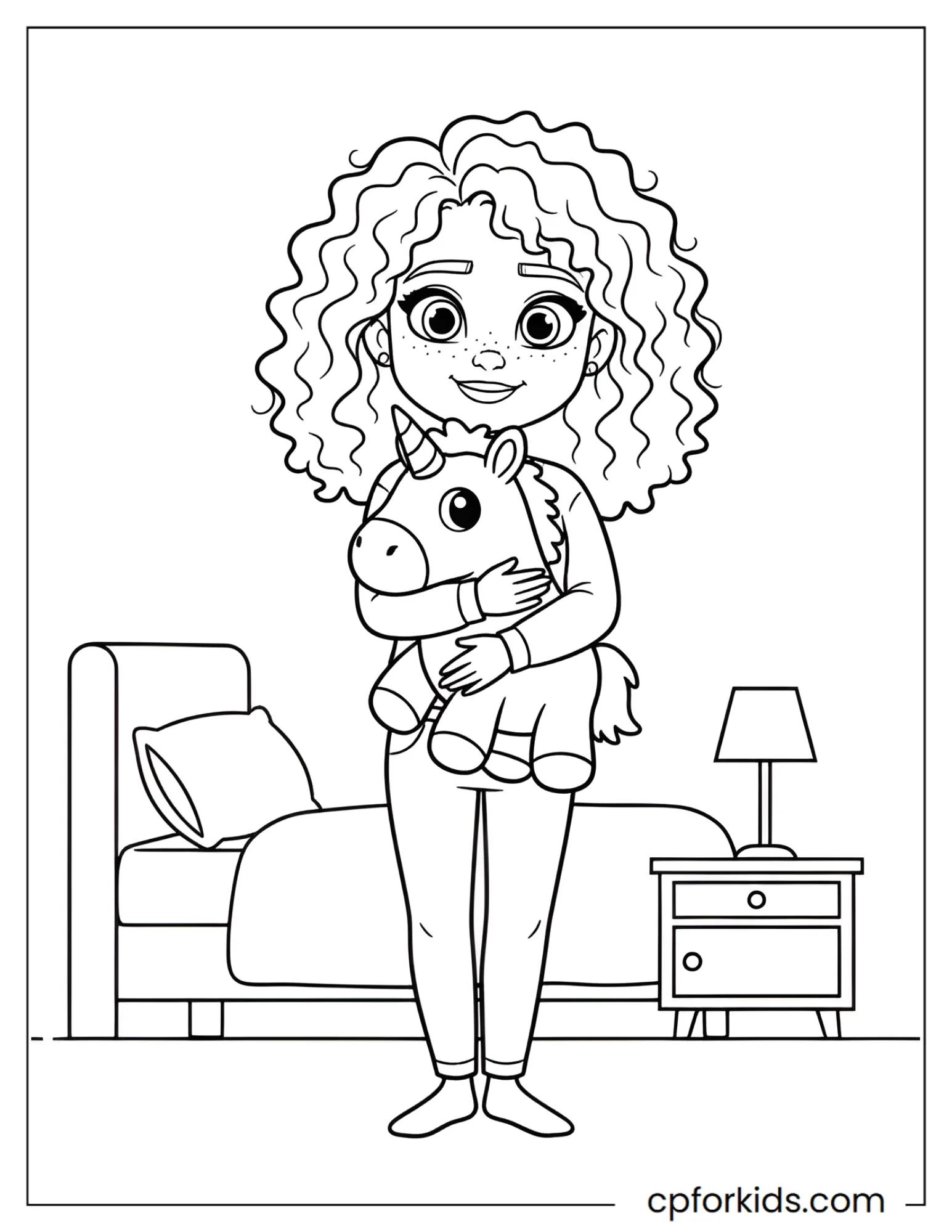 Curly hair girl holding a unicorn plush toy