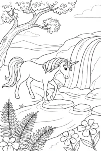 Unicorn standing beside an enchanted waterfall and stream