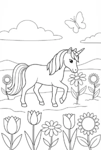 Unicorn walking through a meadow filled with large flowers