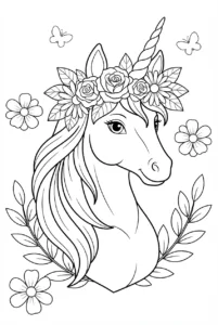 Unicorn portrait wearing a crown of large flowers