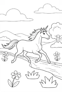 Unicorn galloping across a meadow and over a stream