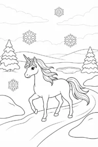 Unicorn walking through fresh snow between pine trees