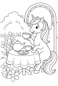 Unicorn enjoying a tea party in a garden