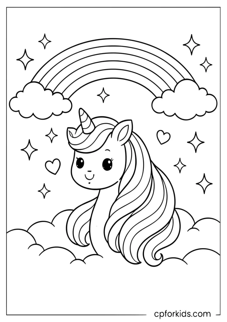 Unicorn with flowing mane under rainbow coloring page