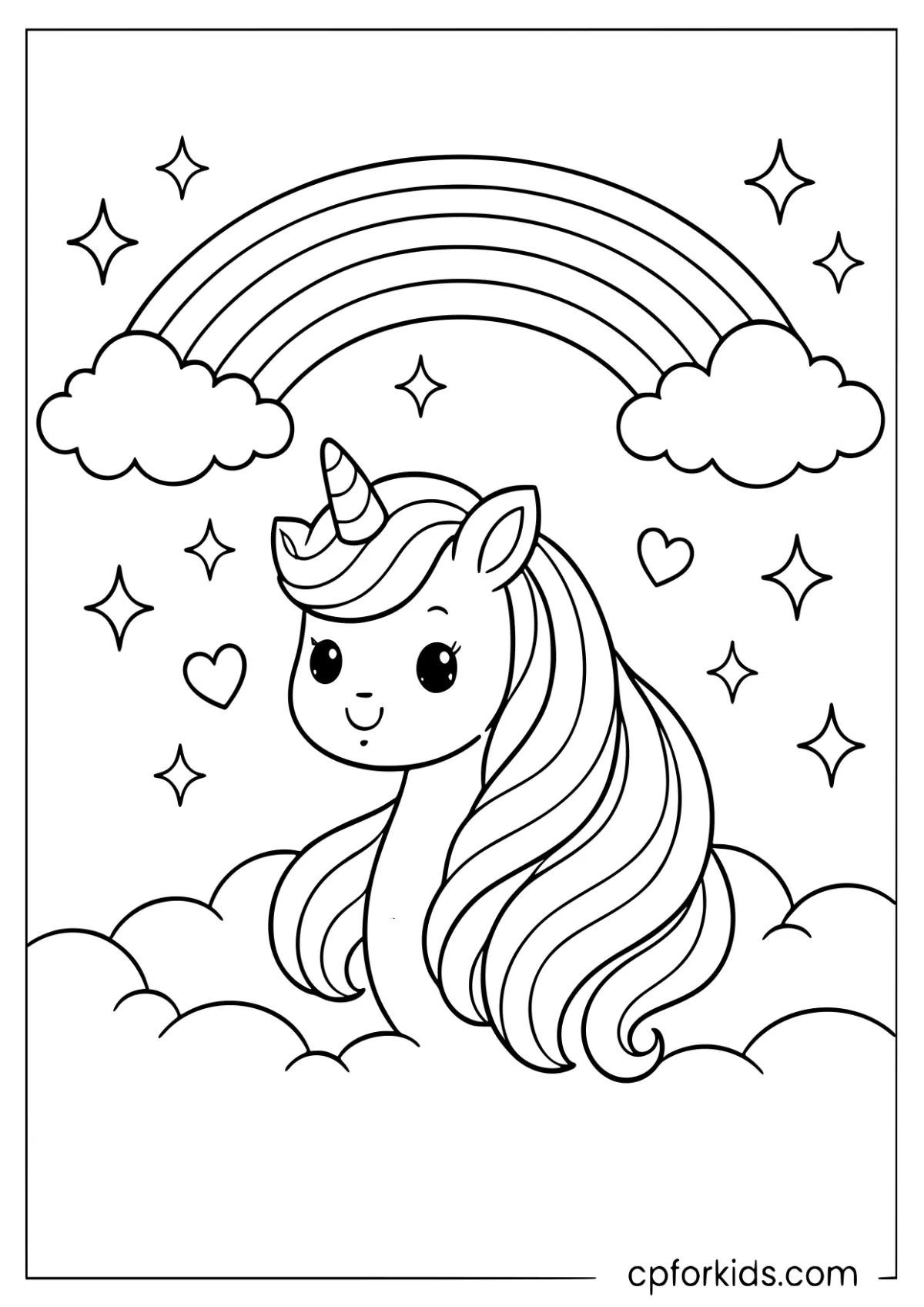 Unicorn with a flowing mane under a rainbow