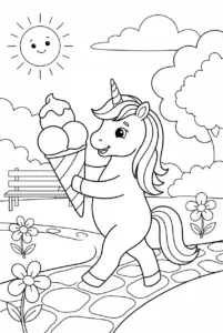Unicorn enjoying a large ice cream cone in the park