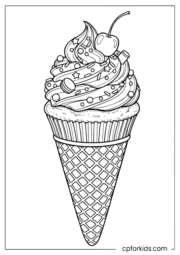 Ice cream cone cupcake with detailed toppings and waffle cone