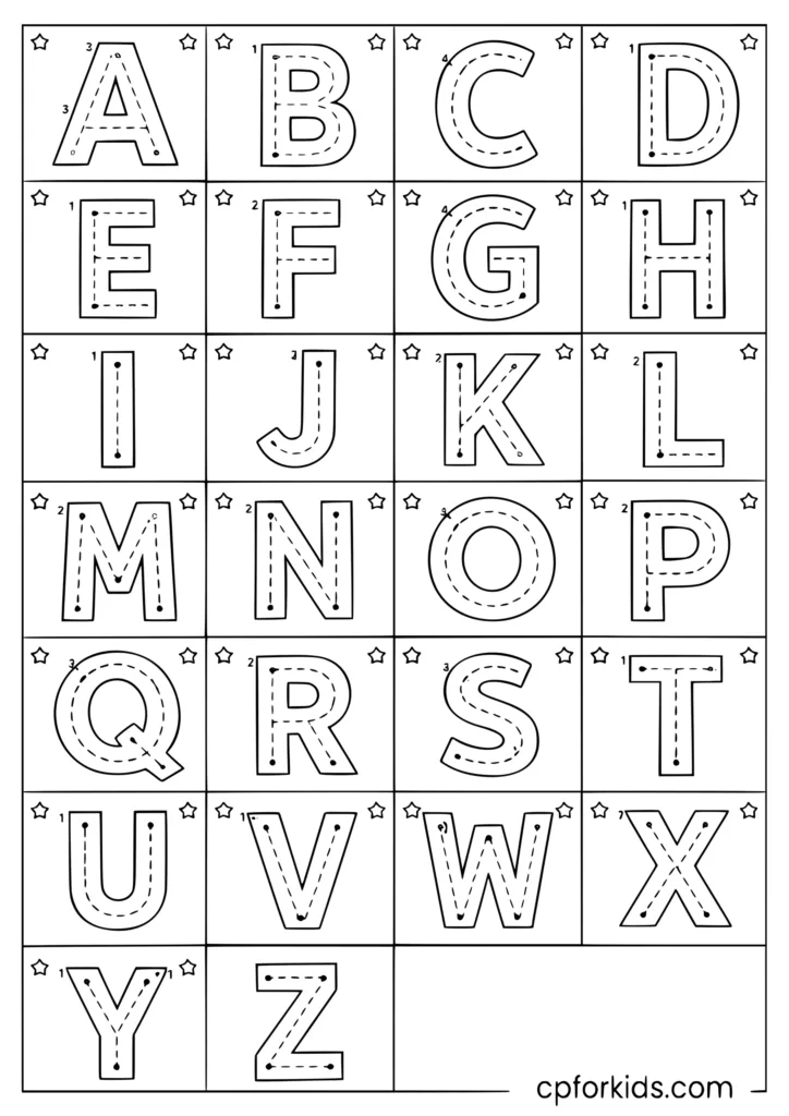 Uppercase letter tracing coloring page with all 26 capital letters to trace