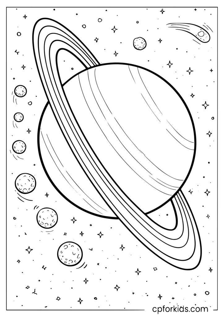 Uranus coloring page with large Uranus tilted on its axis with ring system for kids
