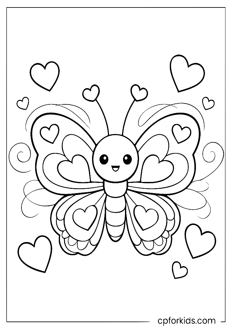 Smiling butterfly with heart shaped wing patterns and hearts