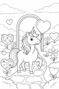Valentine unicorn walking with a heart shaped balloon
