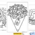 Cute printable Valentine’s Day coloring pages stacked with crayons—unicorn hugging a heart, roses with an ‘I LOVE YOU’ tag, and kissing lovebirds