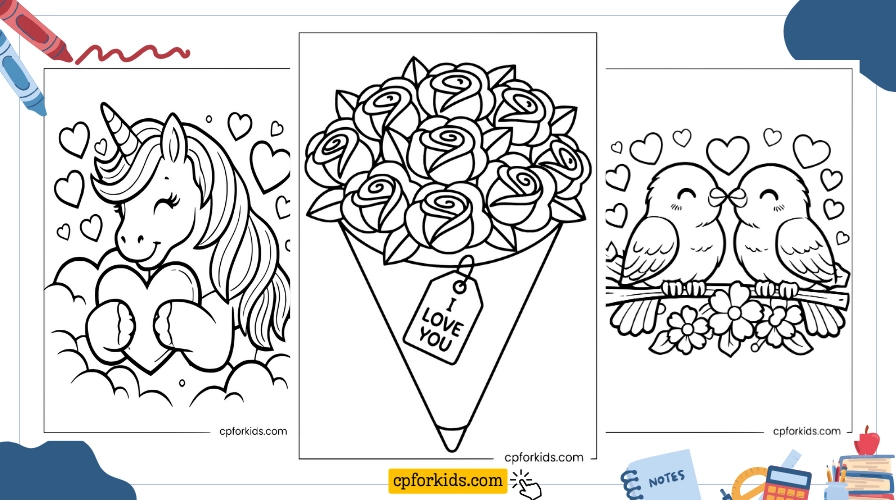 Cute printable Valentine’s Day coloring pages stacked with crayons—unicorn hugging a heart, roses with an ‘I LOVE YOU’ tag, and kissing lovebirds