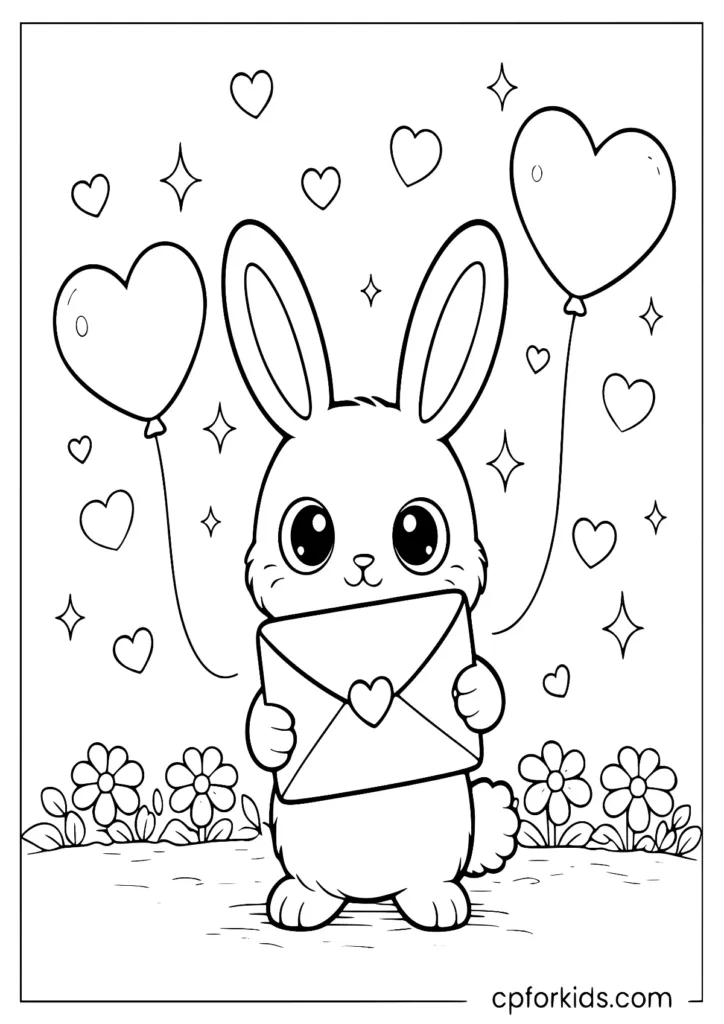 Valentines Day rabbit holding heart envelope and balloons coloring page