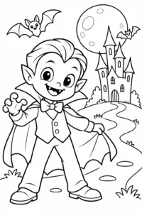 A young vampire standing in front of a spooky castle