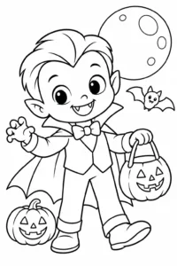 A little vampire holding a candy bag