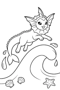 Vaporeon jumping over an ocean wave to color online