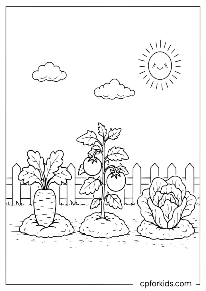 Vegetable garden scene with carrot tomato and lettuce coloring page