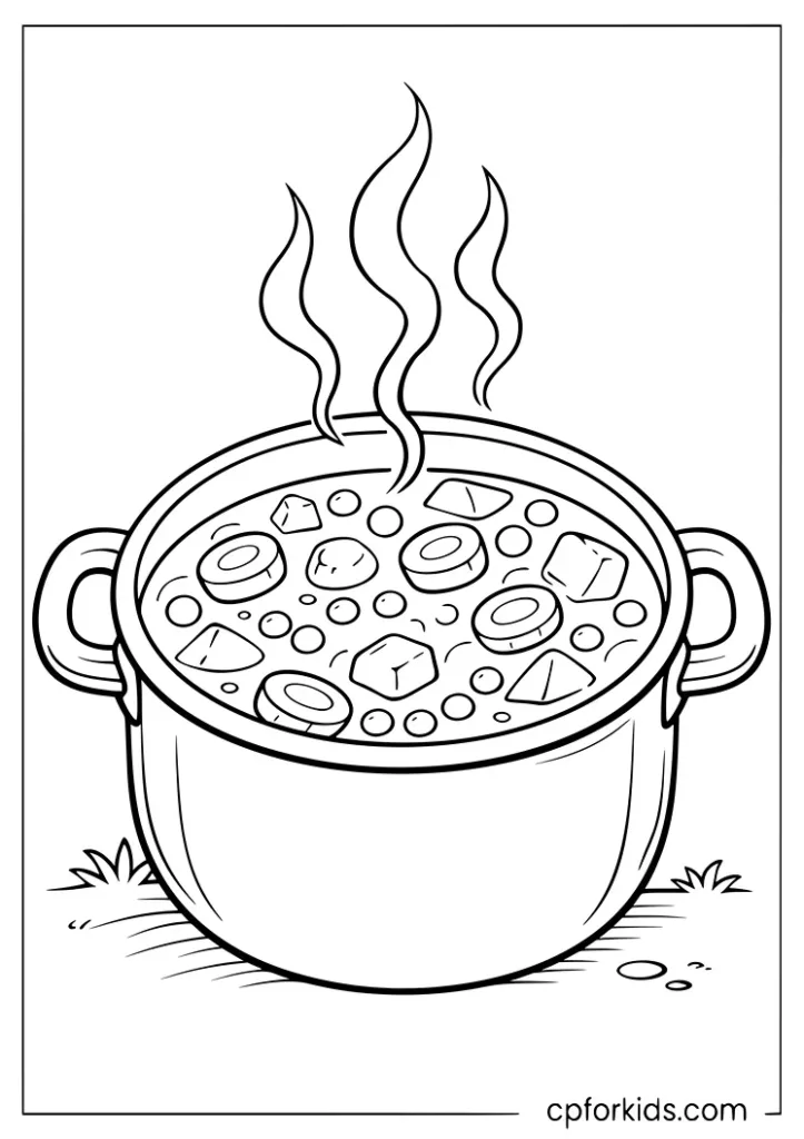 Vegetable soup pot with carrot potato and peas coloring page for kids