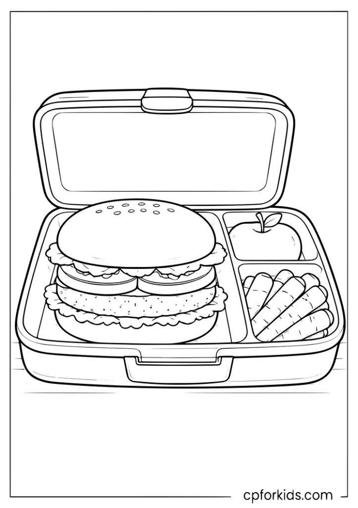 Veggie burger in a lunchbox coloring page