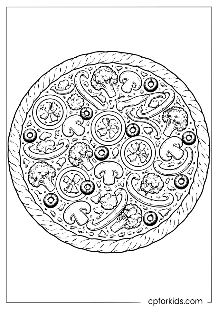 Veggie pizza loaded with bell peppers corn broccoli and olives coloring page