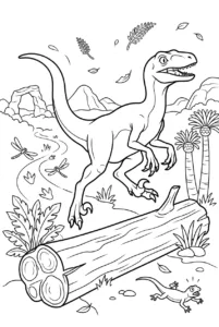 Velociraptor leaping over a fallen log online coloring page