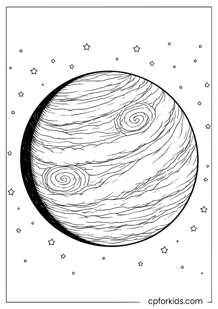 Venus coloring page with large Venus showing dense cloud swirl patterns for kids