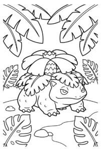 Venusaur resting beneath large tropical leaves in a jungle clearing