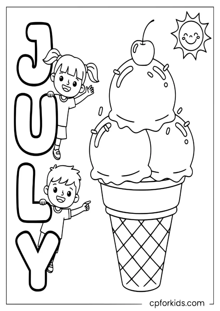 Vertical JULY letters next to a giant stacked ice cream cone