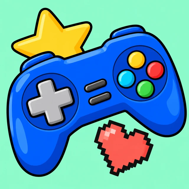 Blue game controller beside a star and pixel heart