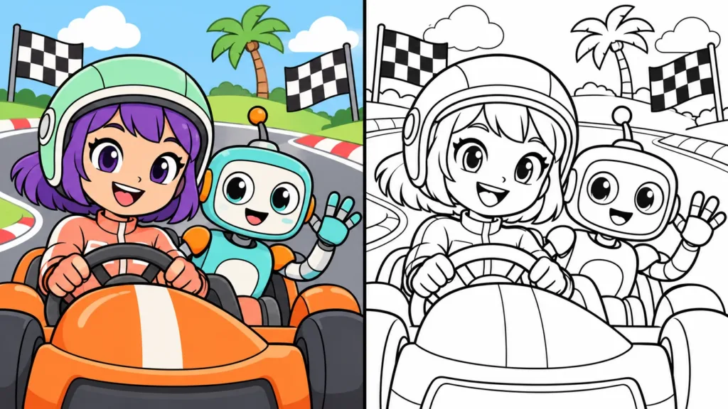 Kart racer and robot shown colored and as outlines