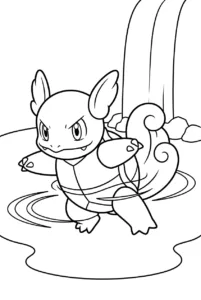 Wartortle swimming through a pool beneath a waterfall