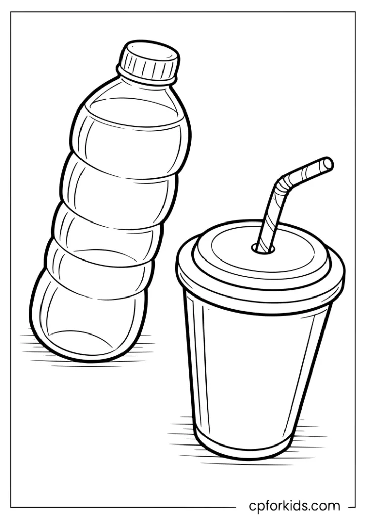 Water bottle and soda cup comparison coloring page for kids