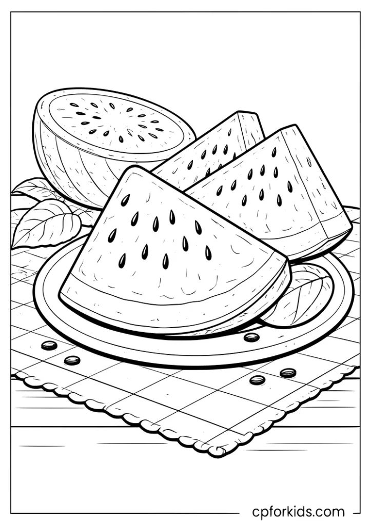 Watermelon slices on a picnic table coloring page