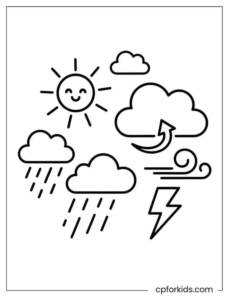 Educational weather coloring page featuring clouds, sun, rain, and natural phenomena symbols for kids.