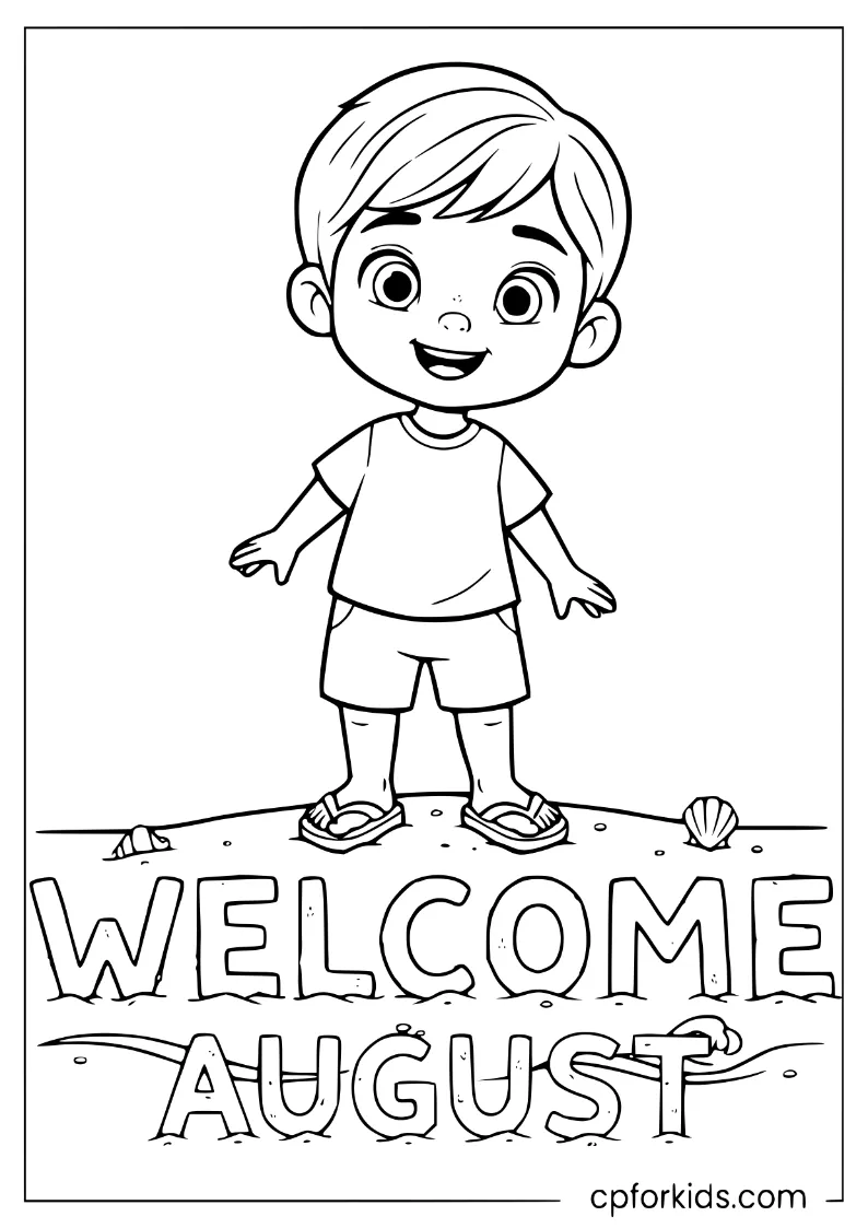 Preschooler standing beside "WELCOME AUGUST" written in the sand