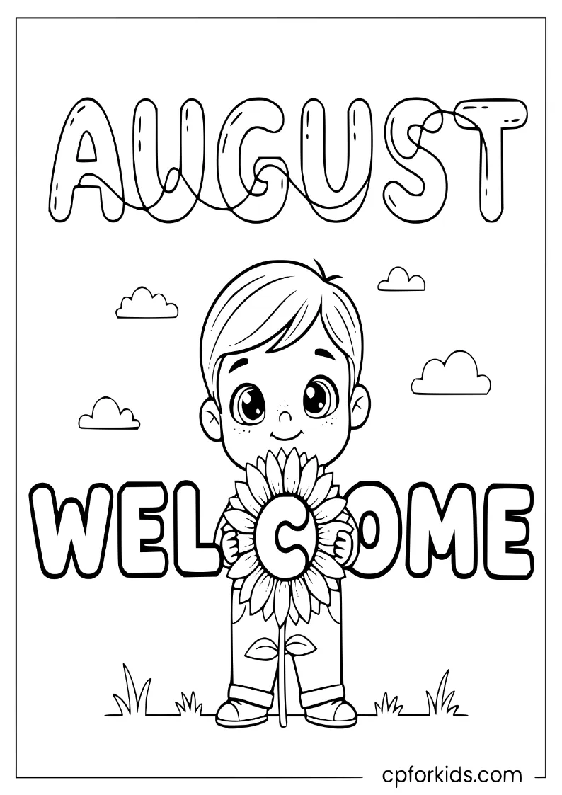 Preschool child hugging a giant sunflower that spells "Welcome August"