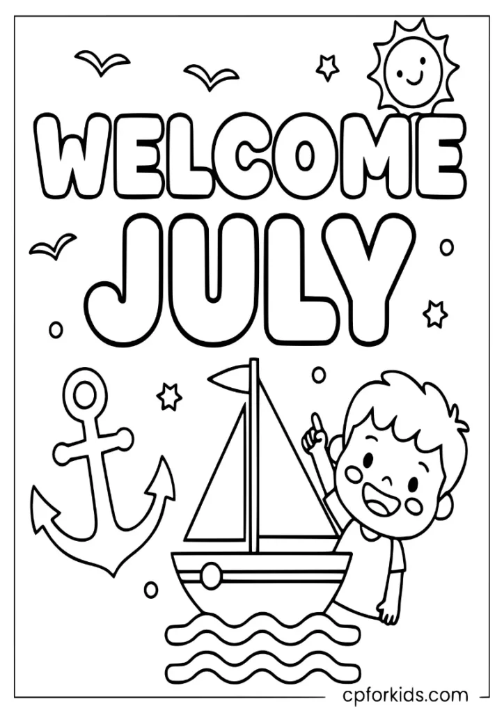 Bold Welcome July text with an anchor and a small sailboat