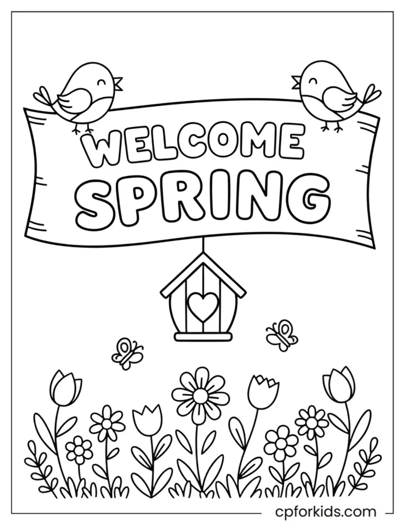 A wooden birdhouse hanging from a branch surrounded by singing birds and a large 'Welcome Spring' banner.