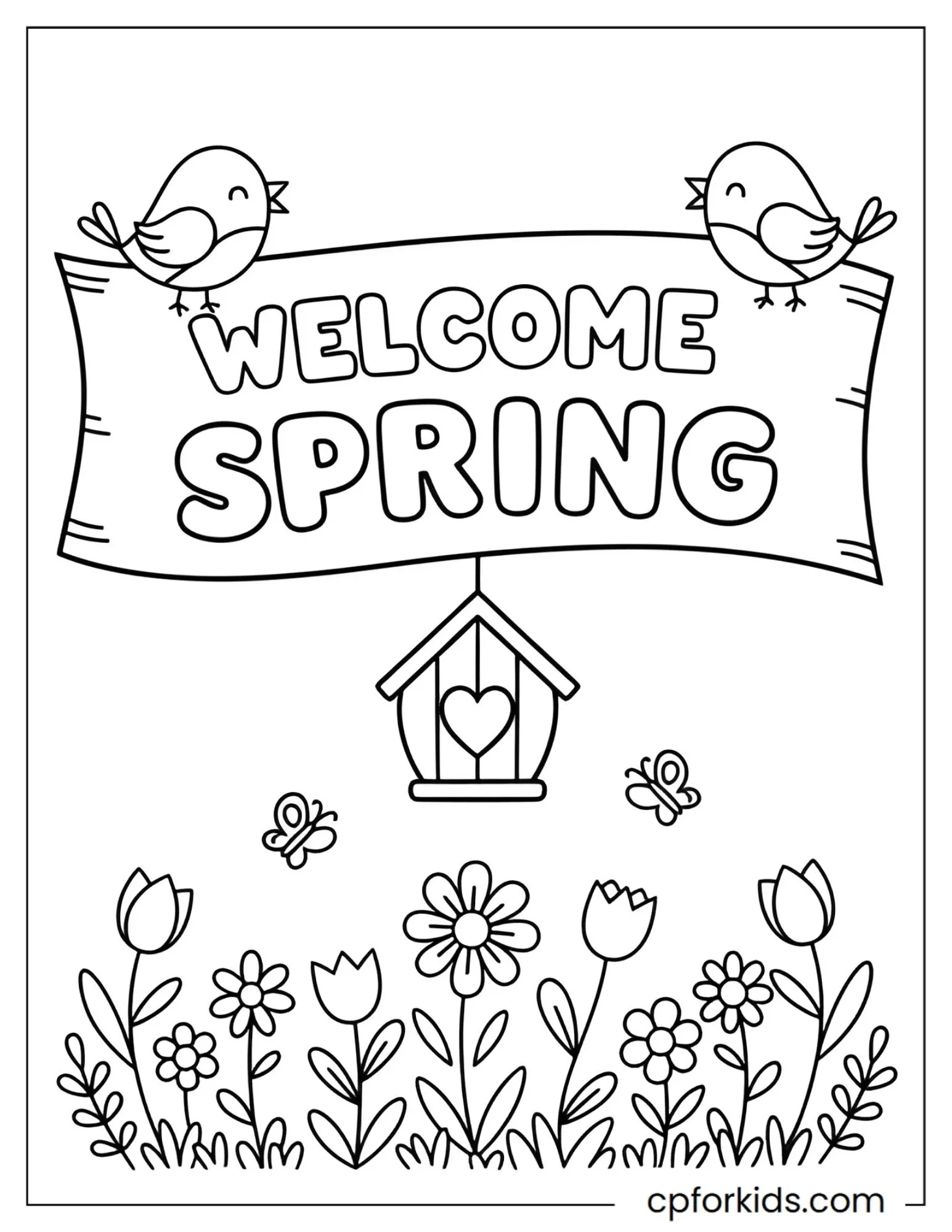 Birdhouse with birds and Welcome Spring banner