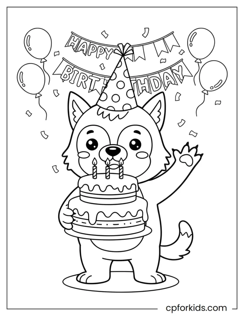 Cute cartoon werewolf wearing a birthday hat and holding a cake, celebration themed coloring page.
