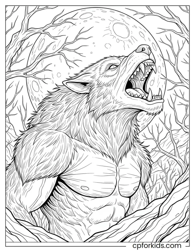 Werewolf howling at the moon, detailed forest background, advanced coloring page.