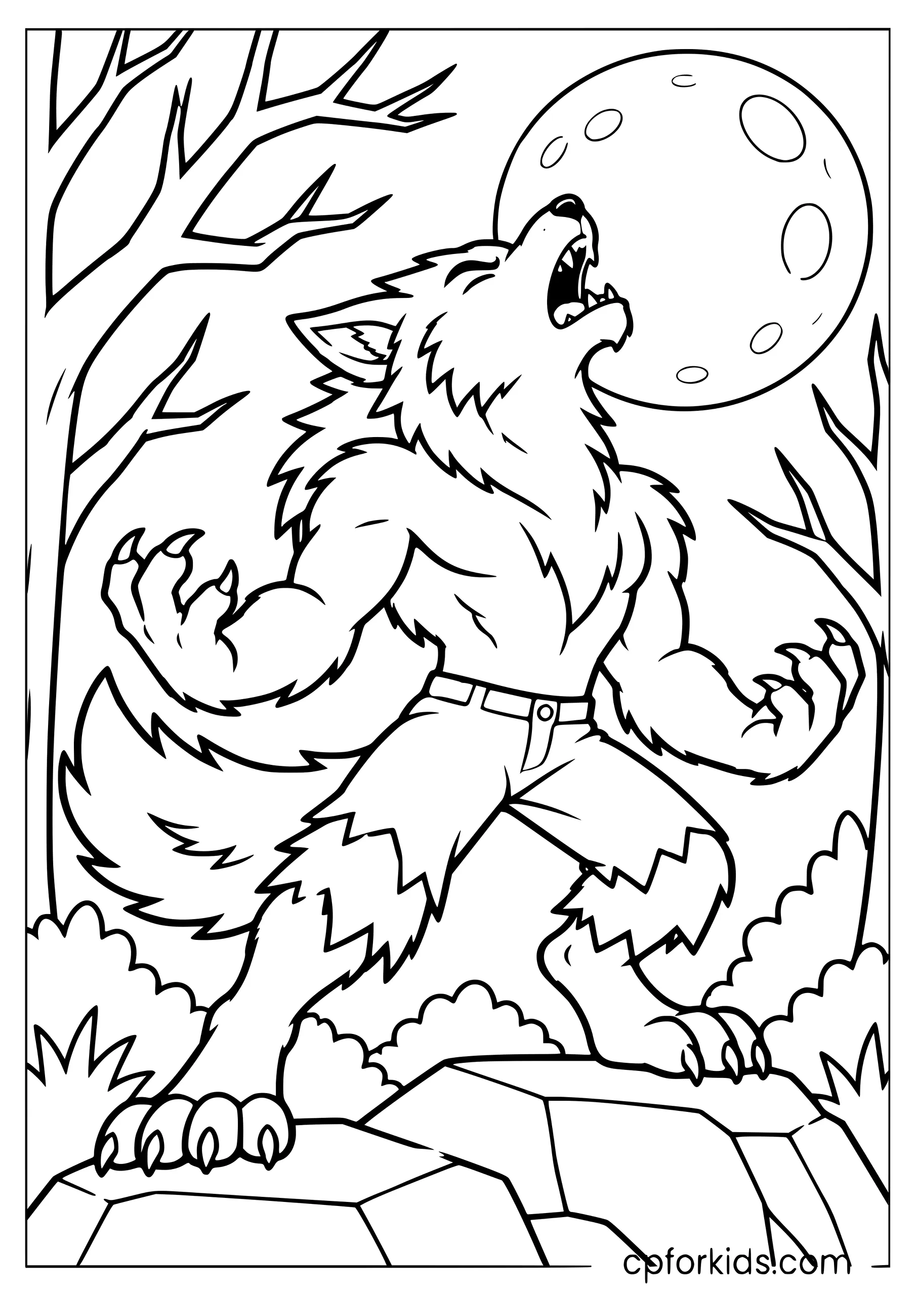 Howling werewolf framed by bare branches beneath a moon